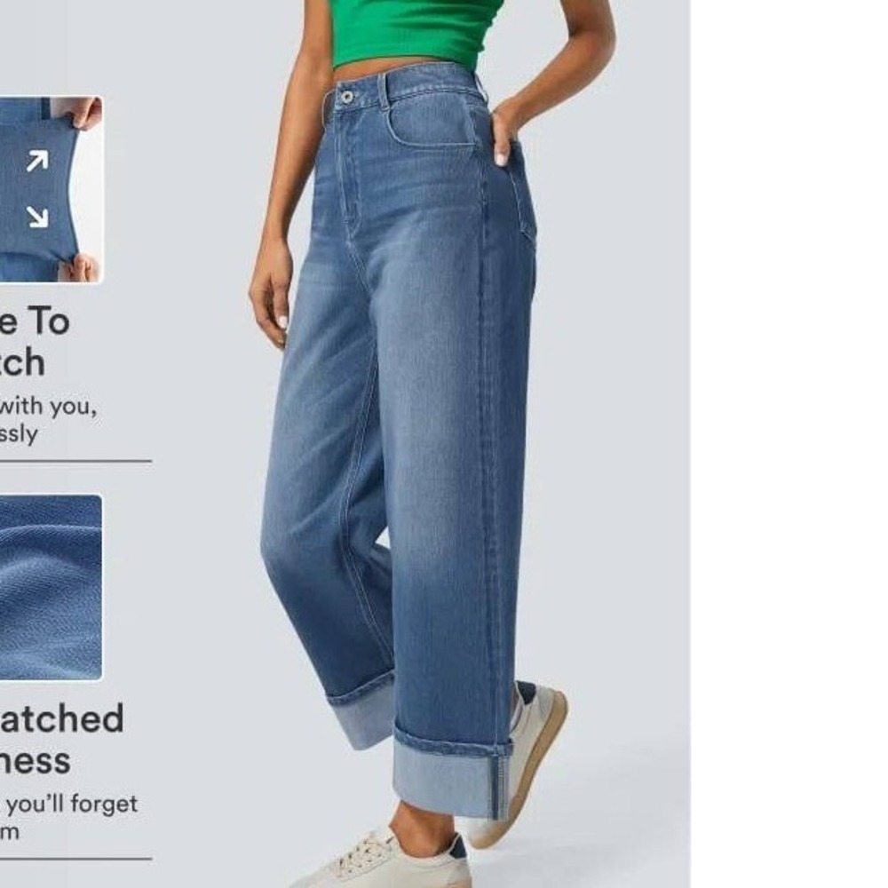 Halara Flex High Rise Rolled Hem Wide Leg Washed Blue Jeans Womens Medium Petite
